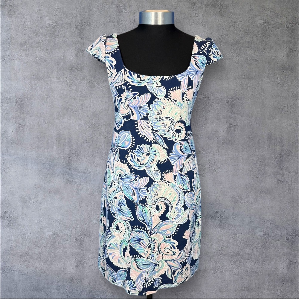 Lilly Pulitzer Cap‎ Sleeve Sheath Dress Navy Floral Print Size 2